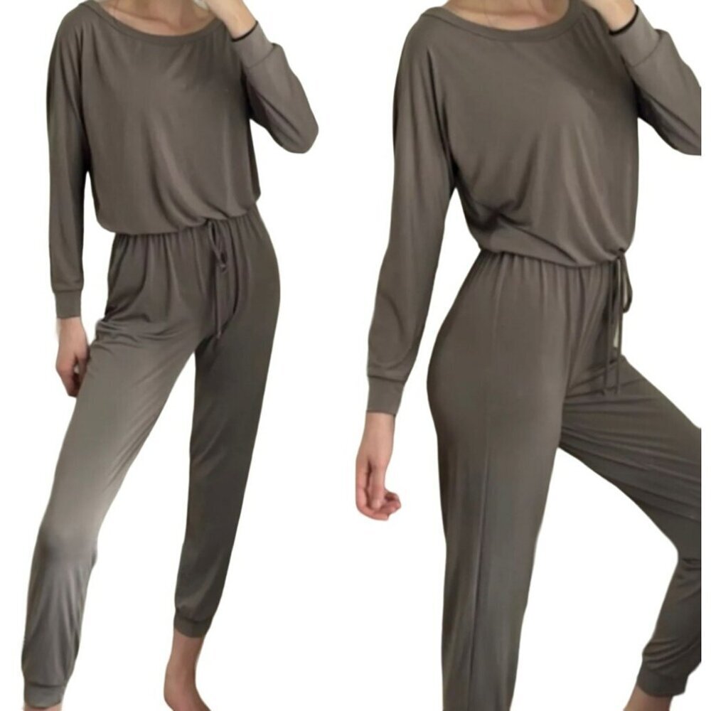 Revolve Lanston Green Jumpsuit Boatneck Long Sleeve Sz Large Elastic Waist Slink